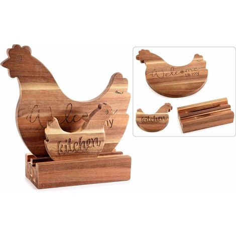Taglieri / set aperitivo a forma di gallina in legno di acacia con scritta, su base in set da due pezzi, set da 2 pezzi, cm 25 x 8 x 24 H
