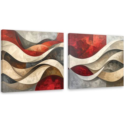 Set de tableaux sur toile  Vagues abstraites beige et rouge 2 x 60x60 (1/4)