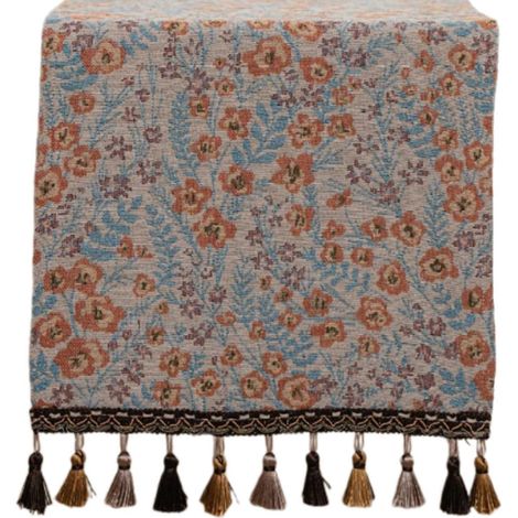 Nappe de style ferme moderne avec pompons, style vintage, idéale pour les fêtes et le quotidien, à motif floral orange. (1/5)