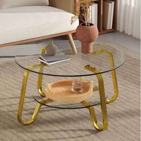 Couchtisch aus Metall in Gold mit 2 Ebenen aus Sicherheitsglas, Wohnzimmertisch (1/5)