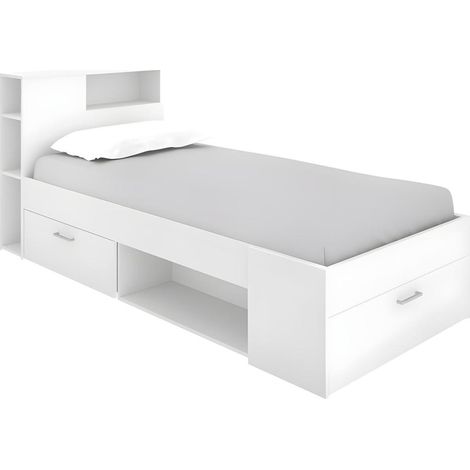 Lit avec tête de lit et rangements – 90 x 190 cm – Blanc – Panneau de particule mélaminé – 1 tiroir et 5 niches – Dekit (1/8)