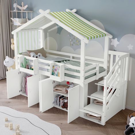 Letto a castello 90x200 cm bianco verde, struttura in legno, con scala contenitore (1/5)