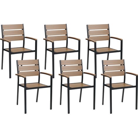 Conjunto de 6 sillas de jardín de metal negro madera clara respaldo láminas Vernio