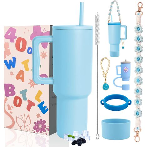 Gobelet de 1200 ml avec poignée, paille et 6 accessoires de tasse – Tasse de voyage sans BPA – Facile à transporter – Passe au lave-vaisselle – Cadeau de vacances pour homme et femme (bleu (1/5)