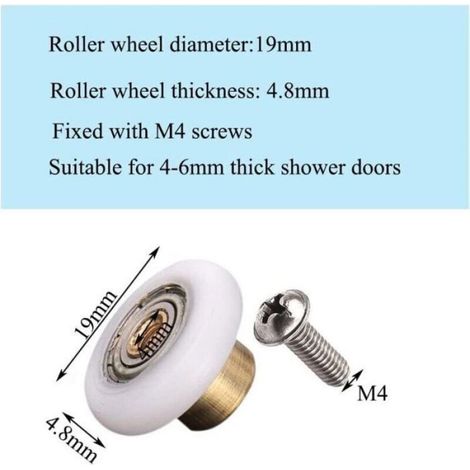 4pcs roulettes de porte de douche – Nylon 19 mm avec axe cuivre – Vis inox M6 – pour salle de bain, jacuzzi et baignoire (1/4)