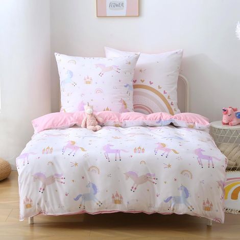 Housse Couette Fille Licorne 140x200cm Arc-en-Ciel Rose 3PCS (1/5)