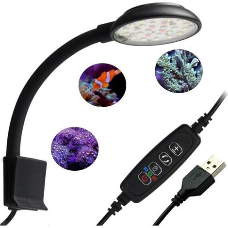 Lampe à pince pour aquarium avec lumière blanche et bleue, 7 W, pour aquariums de 20 à 40 cm, avec minuterie et fonction mémoire, éclairage d'aquarium, convient aux plantes aquatiques et aux aquariums (1/4)