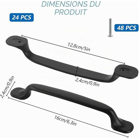 Lot de 24 Poignée de Placard Noir Mat 160 mm - Poignée de Meuble Entraxe 128 mm en Alliage d'Aluminium - Poignées de Cuisine avec Vis pour Tiroir, Armoire et Commode - Style Moderne (1/2)