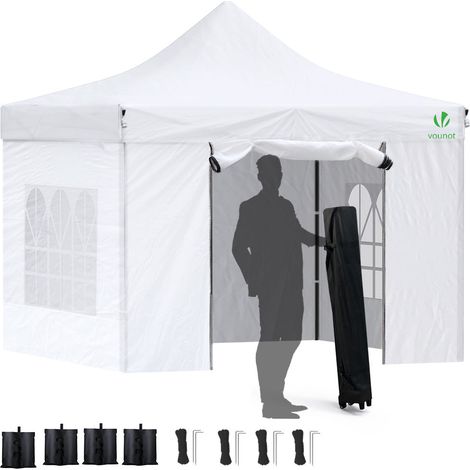 VOUNOT® Gazebo Giardino 3x3m Pieghevole con 4 Parti Laterali, Tenda per Feste Pop up con 4 Sacchi di Sabbia e Borsa di Trasporto, Bianco