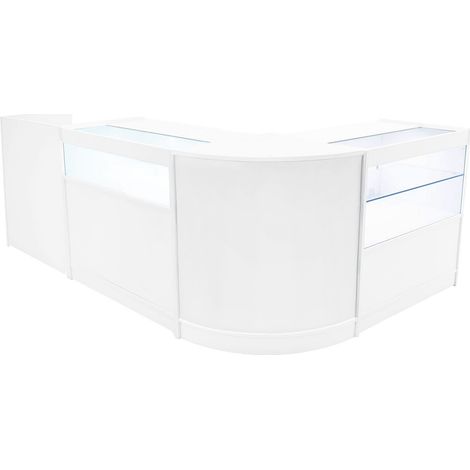 Set Mostradores Comerciales "GRAVITY"   Blanco CM60 + B900 + C900 + TB60 MDF y vidrio templado  Estantes y puertas corredizas con cerradura  Fácil Montaje  Mostrador Recepción Expositor Comercial Mesa