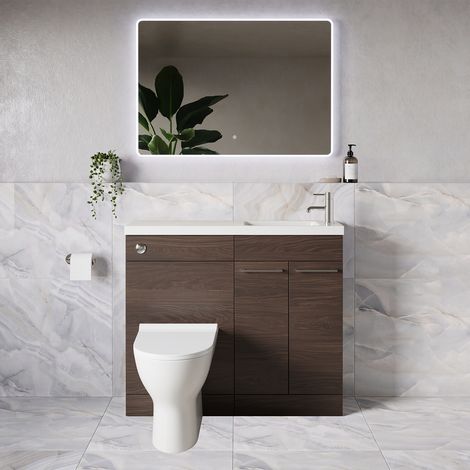 Napoli 250 Brown Oak 1000mm 2 Door Vanity Unit Toilet Suite with Round Silvo Basin - 1000mm - Chrome 160mm HandleWith Jubilee Toilet Pan and Seat