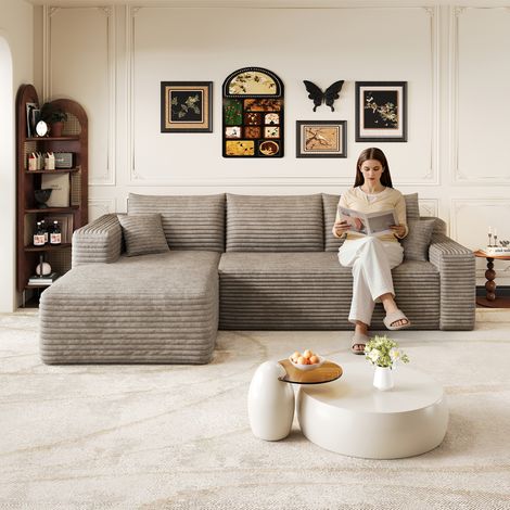 Canapé 241 cm à motif nuage, canapé moderne minimaliste habillé, canapé d'angle confortable en forme de L pour salon, assise profonde avec angle, sans montage requis, couleur chameau (1/5)