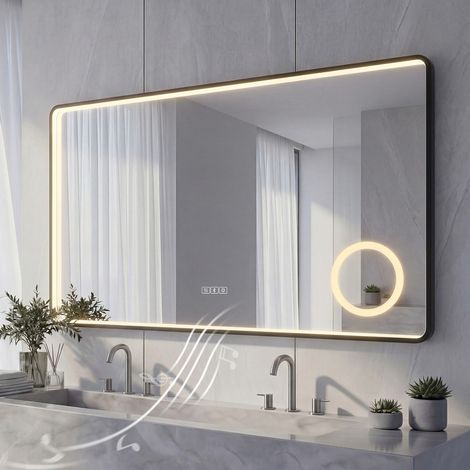 AquaWise Miroir lumineux de salle de bain Cadre noir 110x70 cm avec Bluetooth  Anti-buée 3 couleurs de lumière, Dimmable,Mémoire,IP44