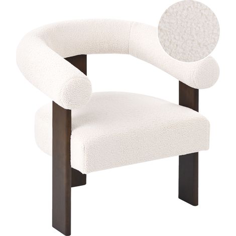 Sillón retro salón tapizado de bouclé patas de madera blanco crema y marrón oscuro Ilbro