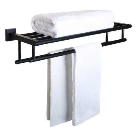 Double Barre Porte Serviette Mural de Salle de Bain, Support Serviette avec Étagère en Acier Inoxydable pour Cuisine Toilette, Longueur 60CM Noir Mat