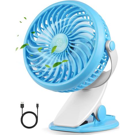 Ventilateur à pince rechargeable USB, flux d'air puissant et silencieux, 3 vitesses, orientation à 720°, idéal pour le bureau, le camping, la pousset