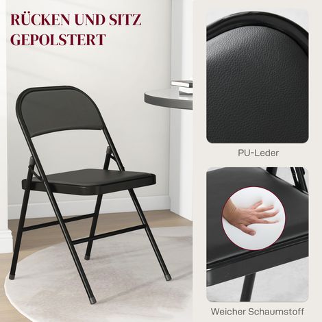 Lot de 4 fauteuils pliants noirs en similicuir, chaises de travail portables avec piétement métallique, parfaites pour bureau, accueil ou salle d'attente. (1/4)