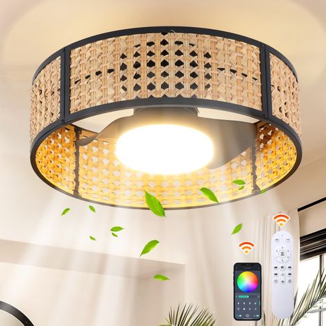 Ganeed 20in Rattan LED Ceiling Fans with Lights, RGB Dimmable LED Flush Mount Fan with Remote & APP, 6 Speeds, Reversible, Boho Caged Fandelier for Bedroom, Nursery & Dining Room (1/5)