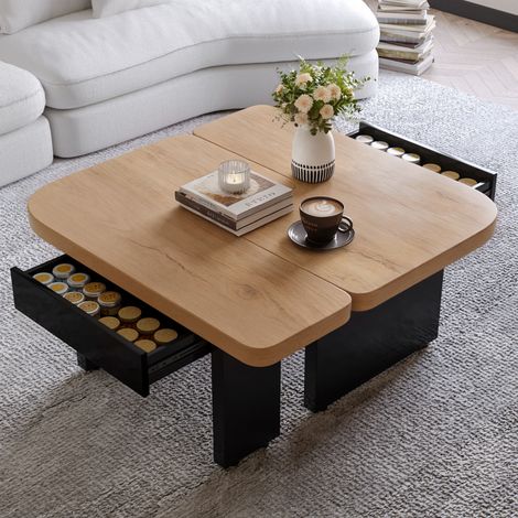 Tavolino 2 in 1 da salotto, bianco e nero, in MDF, con LED, 2 cassetti e vano portaoggetti (1/5)