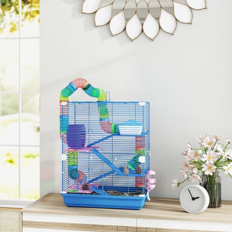 Cage pour hamster avec tunnel, plateformes, gamelle, biberon, maisonnette, rampes et roue d'exercice, 46 x 30 x 58 cm, bleue