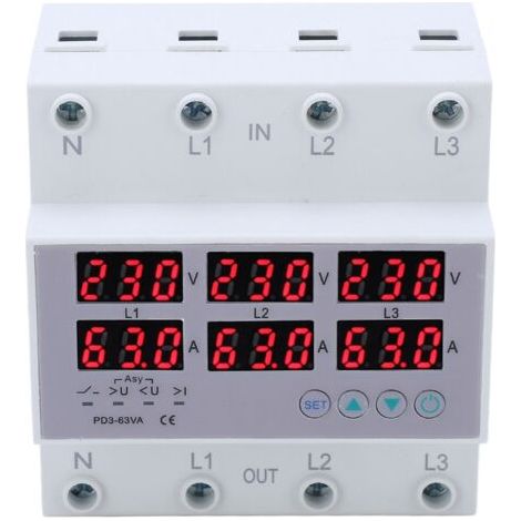QORVA- Voltmètre à Rail DIN triphasé, ampèremètre, protecteur automatique de surtension et de surintensité, AC 390 à 500V, 63A
