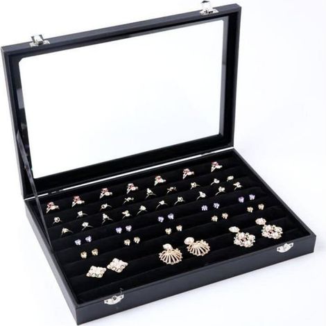 1 Boîte à bijoux, Couvercle en verre, Velours noir, Organisateur de bagues, 35x24 cm, Pour coiffeuse (1/3)