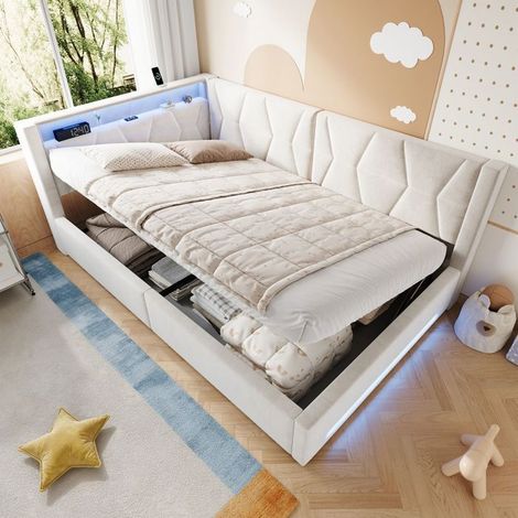 Lit Coffre 140 x 200 cm lit rembourré velours beige éclairage LED tête et pied ports USB coffre hydraulique (1/5)