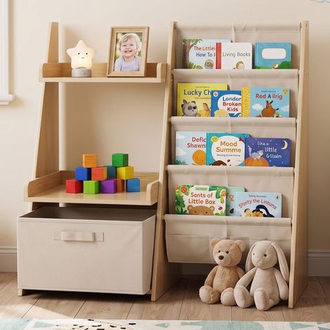 Relaxdays Bücherregal Kinder, 7 Stofftaschen, 2 Ablagen & Box, Standregal 3-in-1, HBT: 80x84,5x34,5 cm, MDF, weiß/natur (1/5)