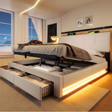 Cama tapizada moderna 140x200 cm en lino beige con cabecero con almacenaje, USB/Type-C, LED y arcón hidráulico