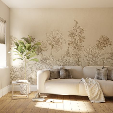 Papier peint panoramique Muted Floral 300 x 280cm Beige, gris (1/2)
