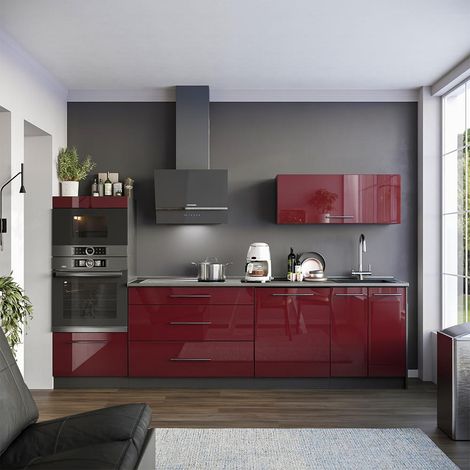 Mueble de cocina Fame-Line, Rojo Burdeos alto brillo/Antracita, 280 cm, ET Mármol, Vicco (1/5)