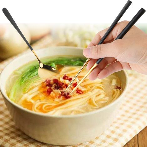 Ensemble de baguettes et cuillères réutilisables en acier inoxydable (noir et doré) (1/5)