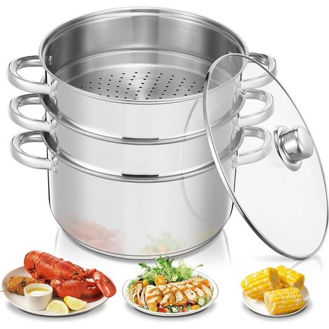 Marmite à Vapeur en Acier Inoxydable, Cuiseur Vapeur, Casserole (3 en 1), Diamètre 26 cm, avec Couvercle en Verre, Cuiseur Vapeur pour Tous Types de Cuisinières, y Compris à Induction, Argent (1/5)