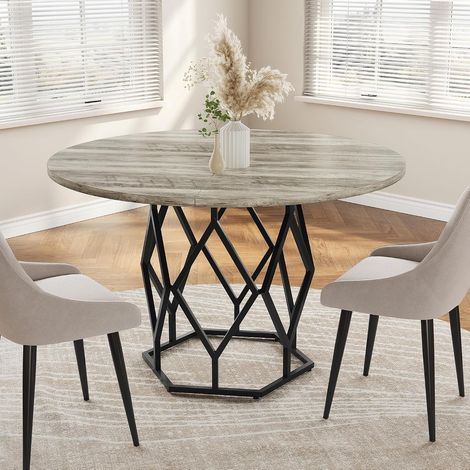 Table à Manger Ronde 120 cm Style Industriel Rustique, Plateau Effet Bois et Pied Métal Noir, Table de Cuisine pour 4 à 6 Personnes Gris (1/5)