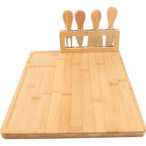 Planche à fromage/charcuterie rectangulaire en bambou, 3 compartiments séparés, facile à nettoyer, sans odeur, avec couteaux. (1/5)