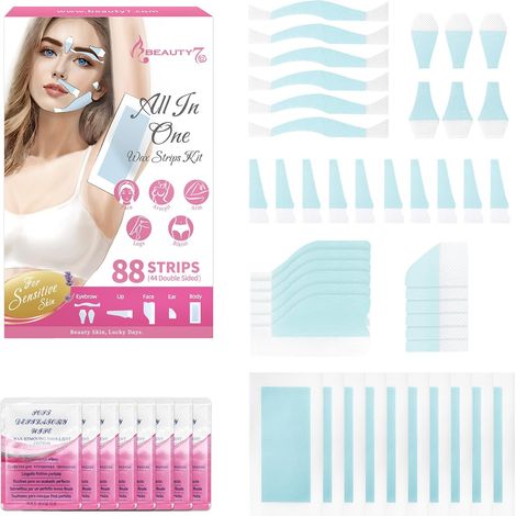 Kit de bandes de cire 88pcs, bandes de cire pour les sourcils, le visage, les jambes et la silhouette Bandes de cire froide prédécoupées pour l'épilation du visage pour les peaux sensible (1/5)