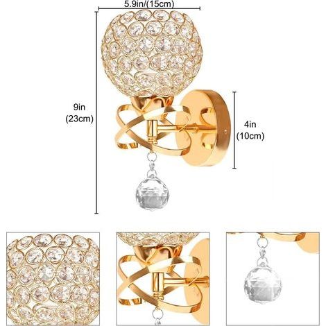 Set mit 2 modernen Kristall-Wandleuchten, Innenwandleuchten mit großer Kristallkugel, LED-Vintage-Nachttischleuchten für Esszimmer, Wohnzimmer, Schlafzimmer, LED nicht enthalten (Gold) (1/4)