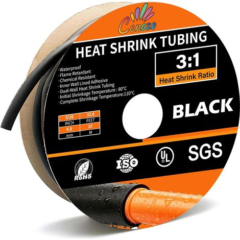 4,8 mm Gaine Thermorétractable,10 m Noir Heat Shrink Tubing,Rétraction 3:1 (1/5)