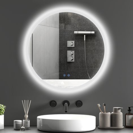 Miroir de salle de bain rond avec lumières LED Ø60x3 cm, miroir anti-buée, 3 lumières colorées, fonction mémoire, interrupteur tactile