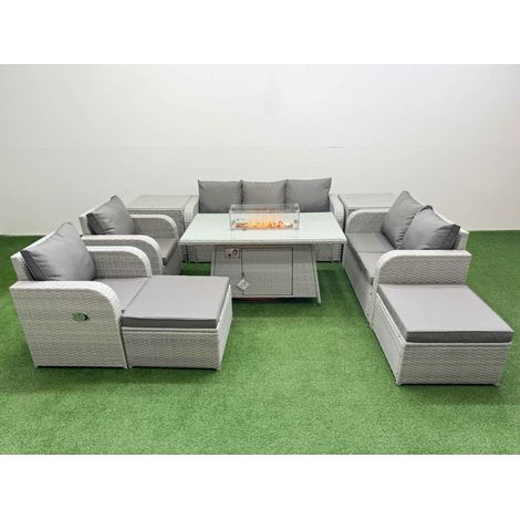 Fimous PE Rattan Garden Furniture Set Reclining Chair Sofa Double Love Seat 2 Seater Sofa Lounge Set Firepit Dining Table 2 Big Footstool 2 Side Table Light Grey (1/4)