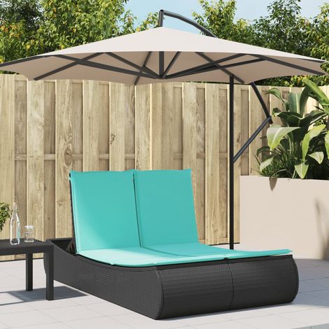Bain de soleil double de jardin en résine tressée noir avec coussins turquoise - PANGIVO (1/5)