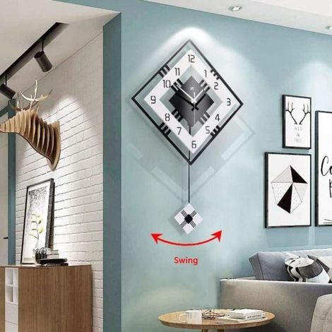 Moderne Décorative Horloge Murale avec Pendule, Grande Carré Simple Pendule Horloge,Bois Noir Blanc pour Salon Café Restaurant S (1/4)