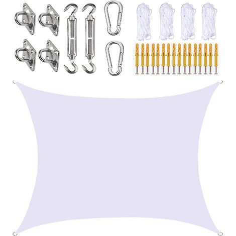 Rectangular shade sail 200x200CM with rope and accessories, 95% shade rate, for garden, terrace, carport and gazebo (White)
