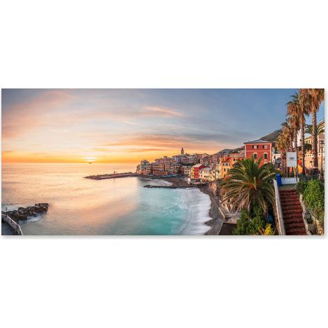Lupia - Quadro moderno su Tela Canvas DEEP 65X143 cm, con paesaggi e localismi italiani, per casa, soggiorno, capezzale camera da letto, hotel, ufficio, GENOVA - BOGLIASCO SUNSET (1/4)
