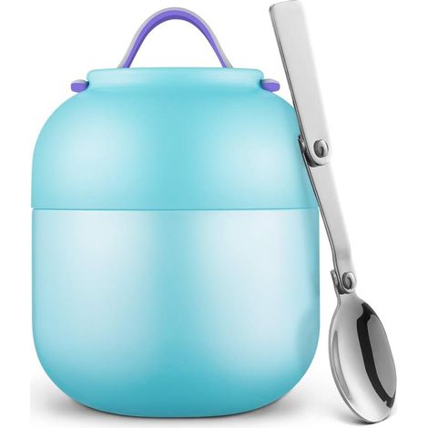 Boîtes Alimentaires Isothermes, Thermos étanche Portable 500 ML avec Cuillère Pliante en Acier Inoxydable, Contenant de Nourriture pour école Bureau Camping Bleu-Fei Yu (1/5)