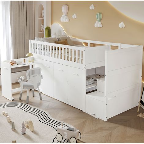 Lit superposé enfant 90x200 cm en pin et MDF blanc, bureau gain de place, sans matelas – MEUBLIV (1/5)