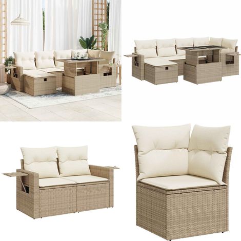 vidaXL Salon de jardin avec coussins 7 pcs beige résine tressée (1/5)