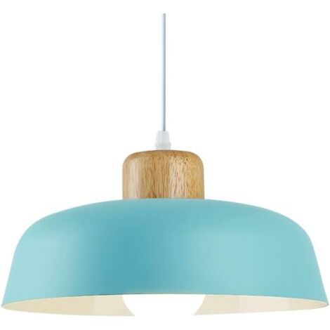 Lampe à suspension en métal rond simple et moderne nordique, Grand plafonnier E27 finition bois, Lumière suspendue de couleur vive pour salon de chambre à coucher de cuisine (Bleu) (1/2)