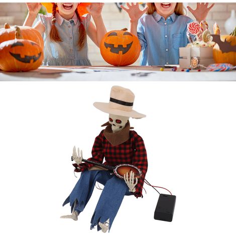 Décoration de guitare en forme de crâne lumineux pour Halloween, ornement de guitare réaliste en forme de crâne, décoration intérieure, décoration de bureau, grille rouge. (1/5)