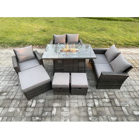 Fimous 8-Sitzer Rattan Gartenmöbel im Freien Gas Feuerstelle Tisch Sets Gasheizgerät mit Liebes-Sofa Stuhl 3 Hocker Dunkelgrau Gemischt (1/5)